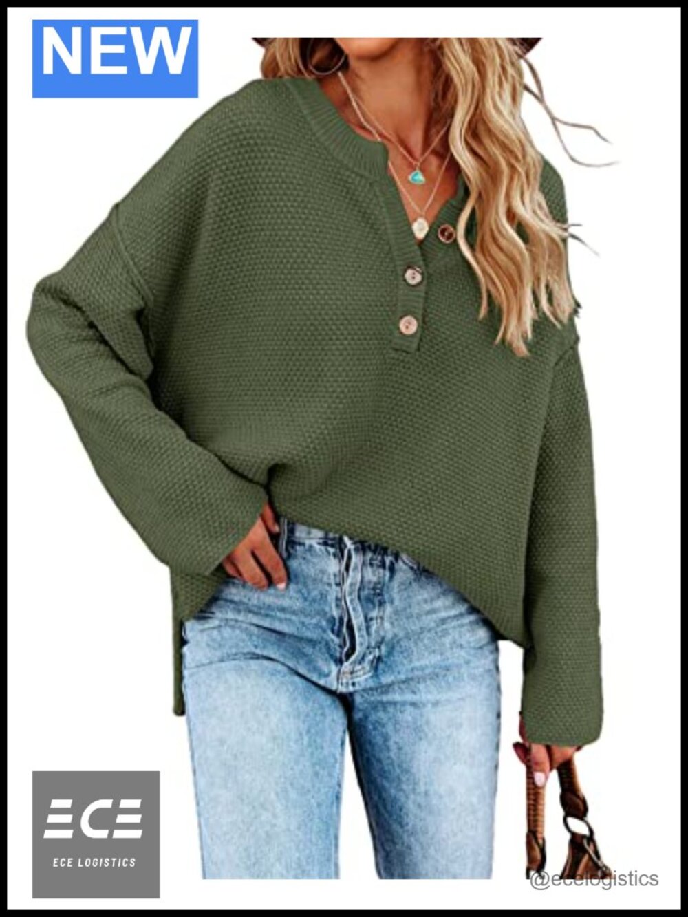 Oversized V Neck Knit Pullover Sweater Long Sleeve Button Up Batwing